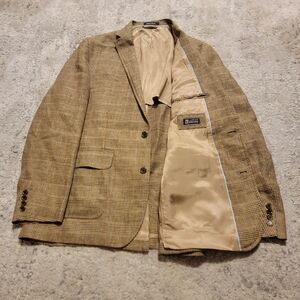 Lands End Baird McNutt Irish Linen Gold Glenn Plaid  Blazer 42 R Sport Coat